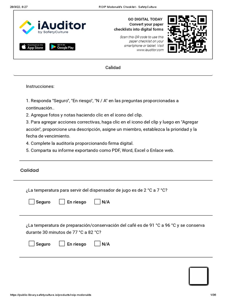 Check List ROIP Mcdonald's Checklist SafetyCulture PDF