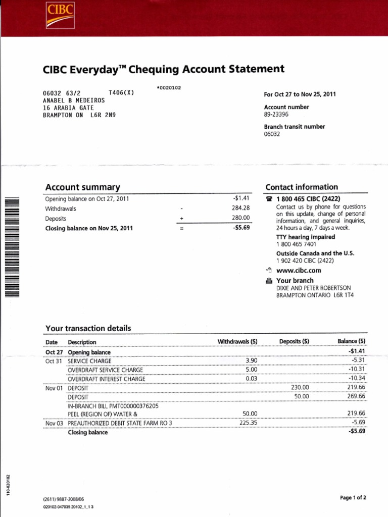 CIBC Bank Statement DOB Aug 18 1966 Driv Lic M21280410665818 | PDF