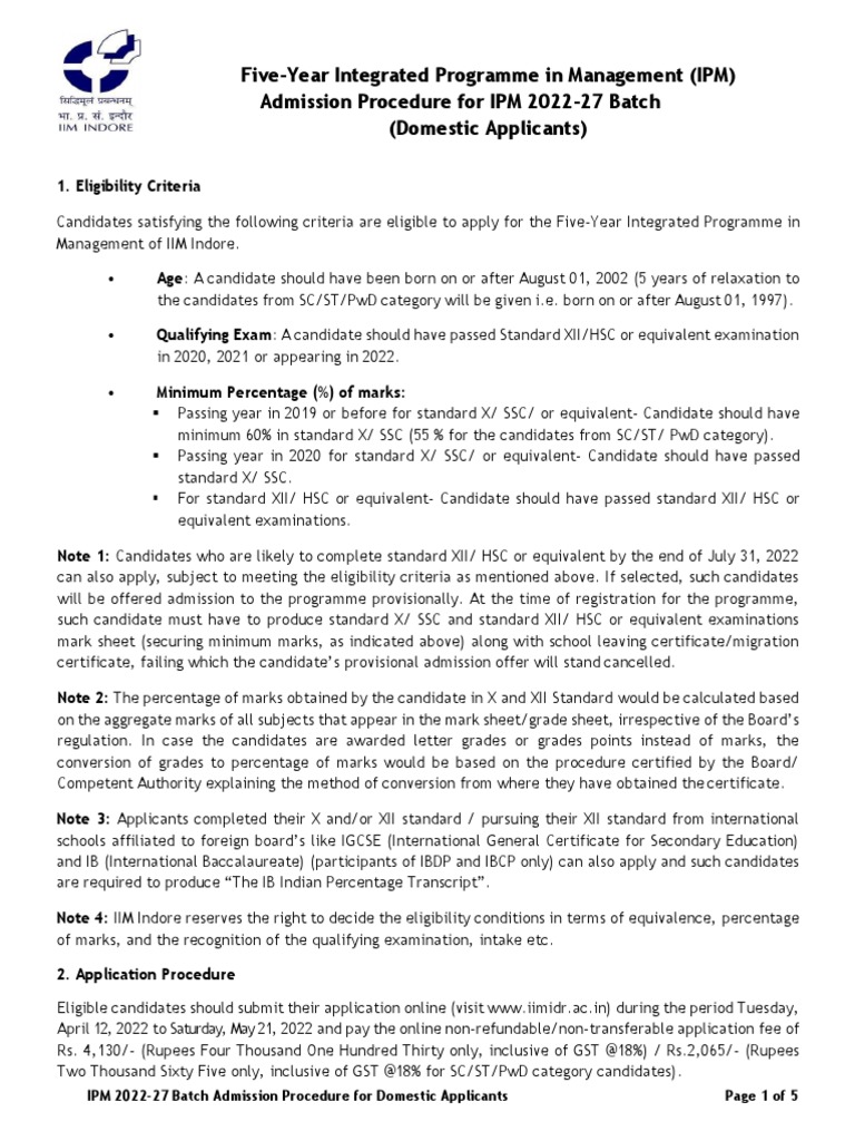 Five Year Integrated Programme In Management Ipm Admission Procedure
