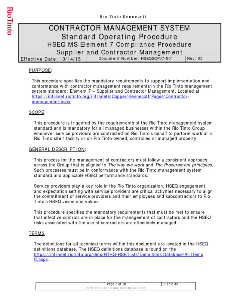 Rio Tinto Contractor Management SOP | PDF | Occupational Safety And ...
