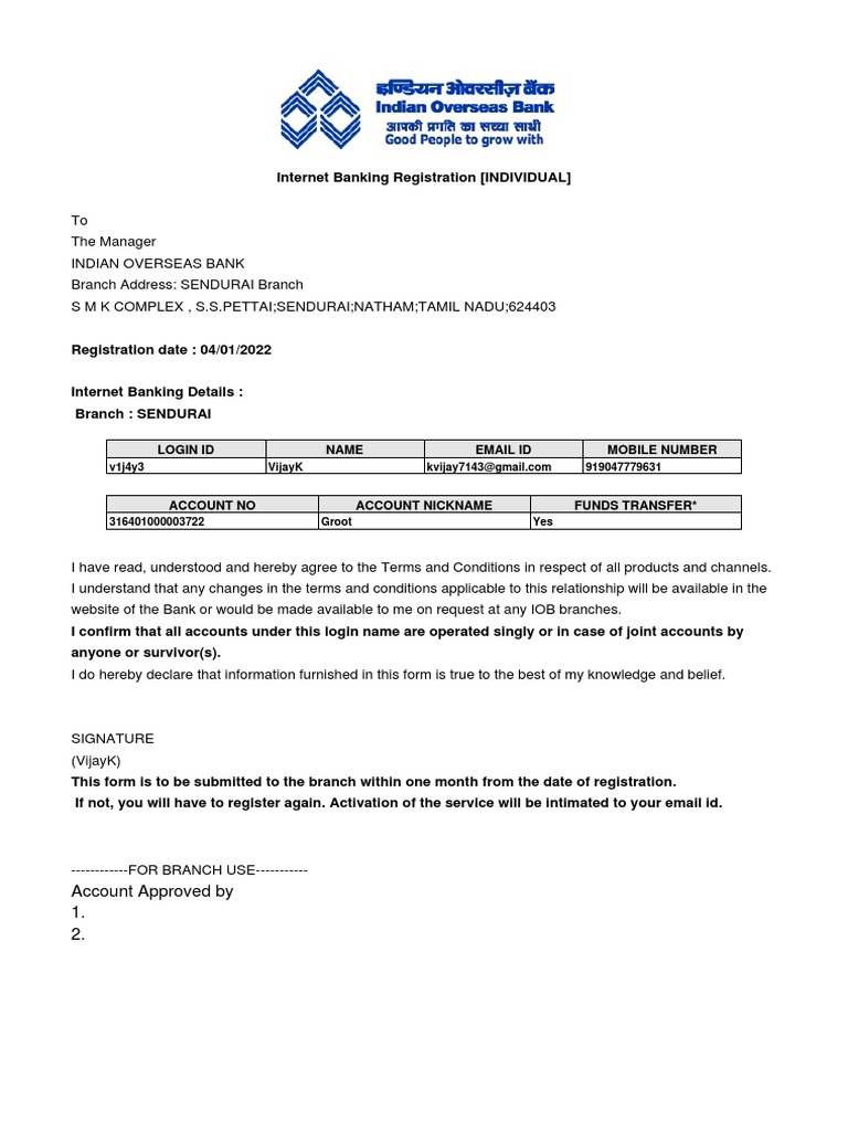 Internet Banking Registration Form IOB | PDF