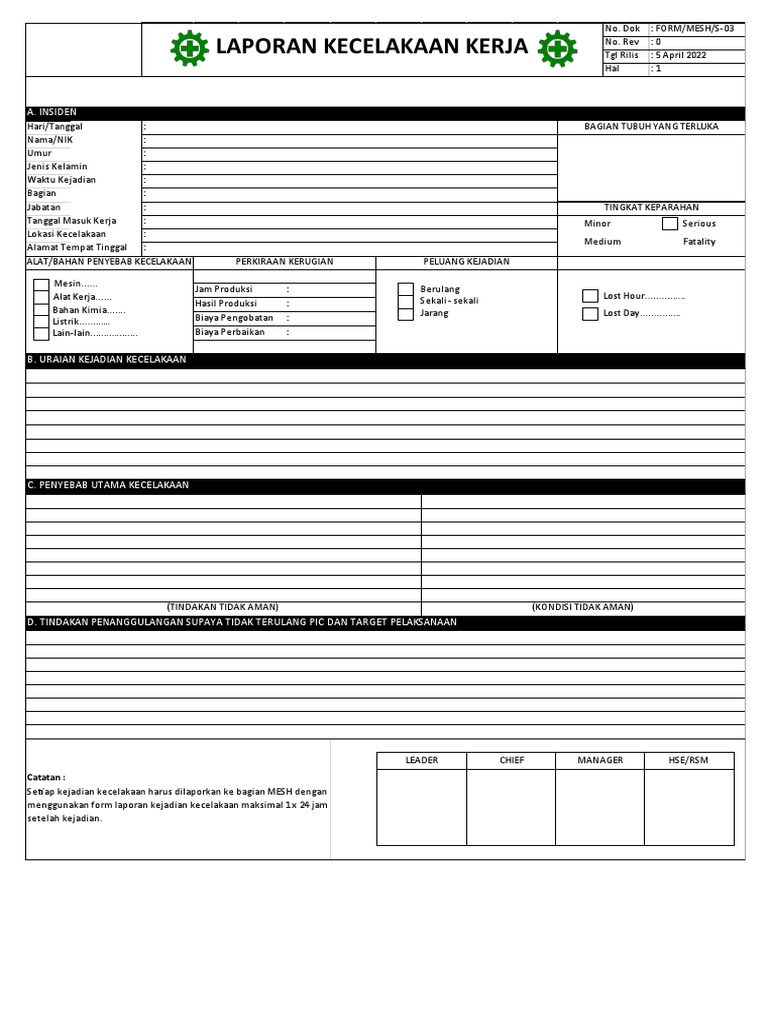 Laporan Kecelakaan Kerja Form S-03 | PDF