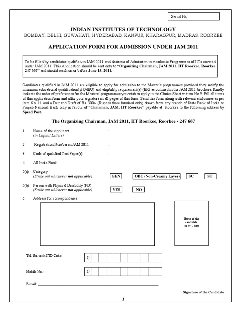 IIT JAM 2011 Admission Application Form | PDF
