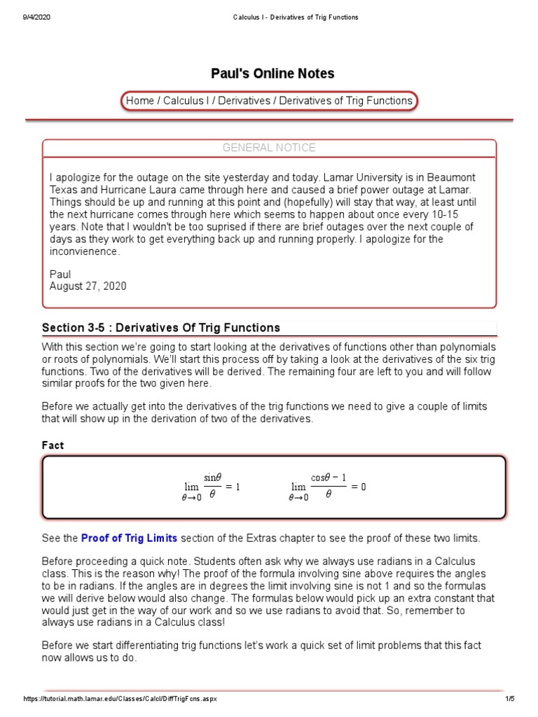 Week 002 Calculus Derivatives of Trig Functions | PDF | Trigonometric ...