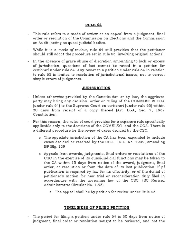 Rule 64: Review of COMELEC Decisions | PDF | Certiorari | Judgment (Law)
