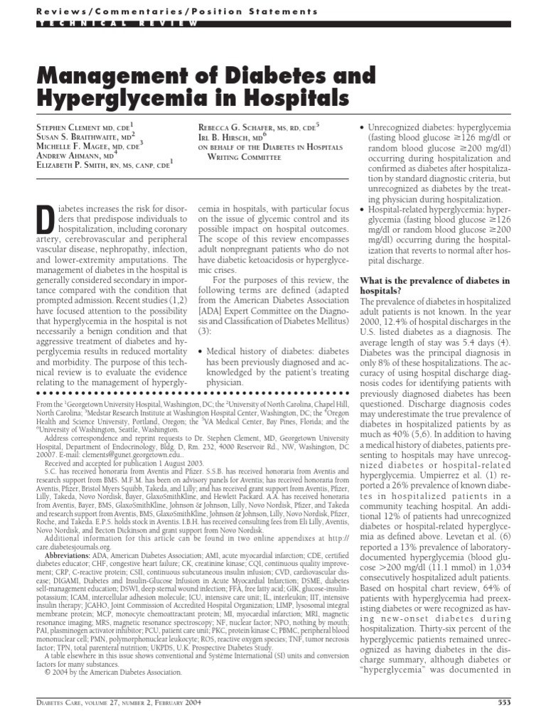 Management of Diabetes and Hyperglycemia in Hospitals: S C S S. B, M F ...
