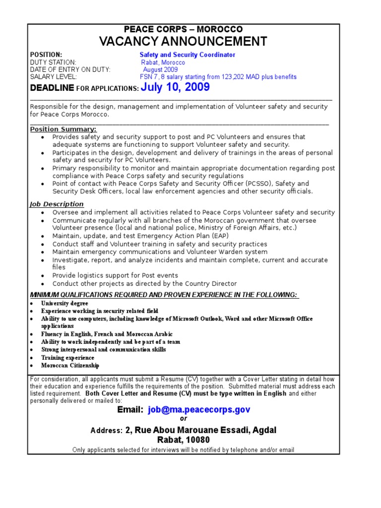 Safety and Security Coordinator Position Advertisment Peace Corps