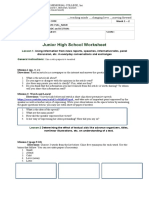 Junior High School Worksheet: Teaching Minds Changing Lives Moving Forward Week 1 - 2