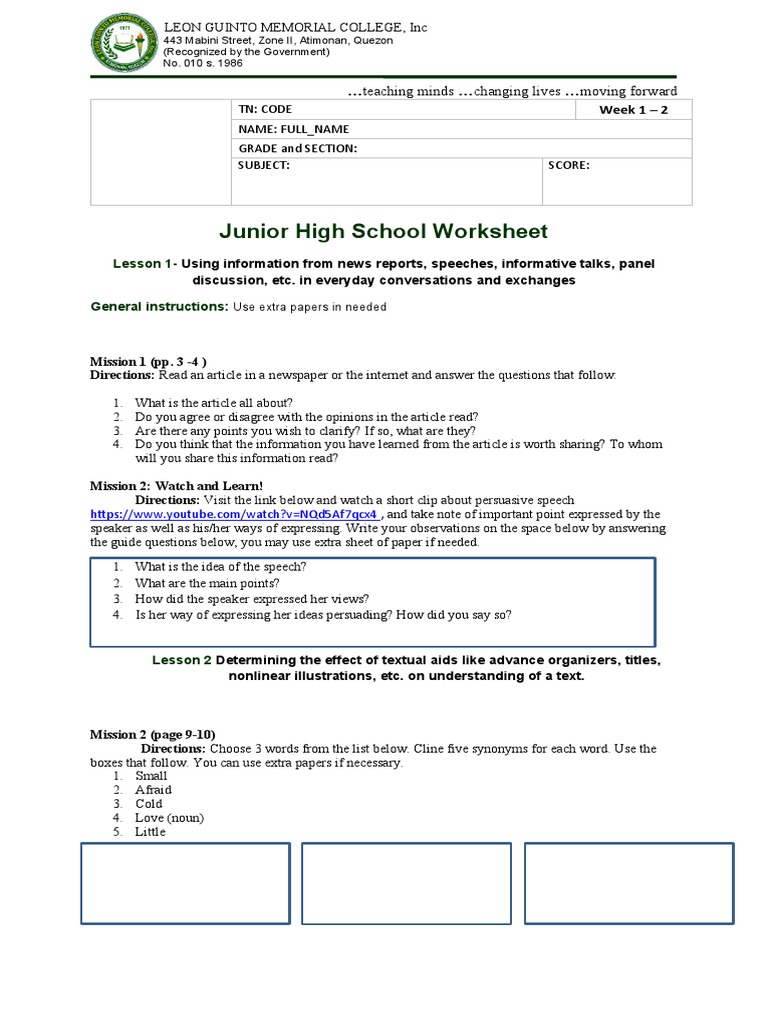 Junior High School Worksheet: Teaching Minds Changing Lives Moving ...