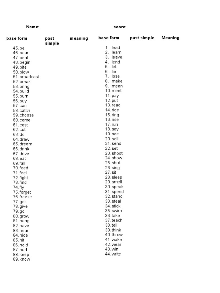 Name: Score: Base Form Past Simple Meaning Base Form Past Simple ...