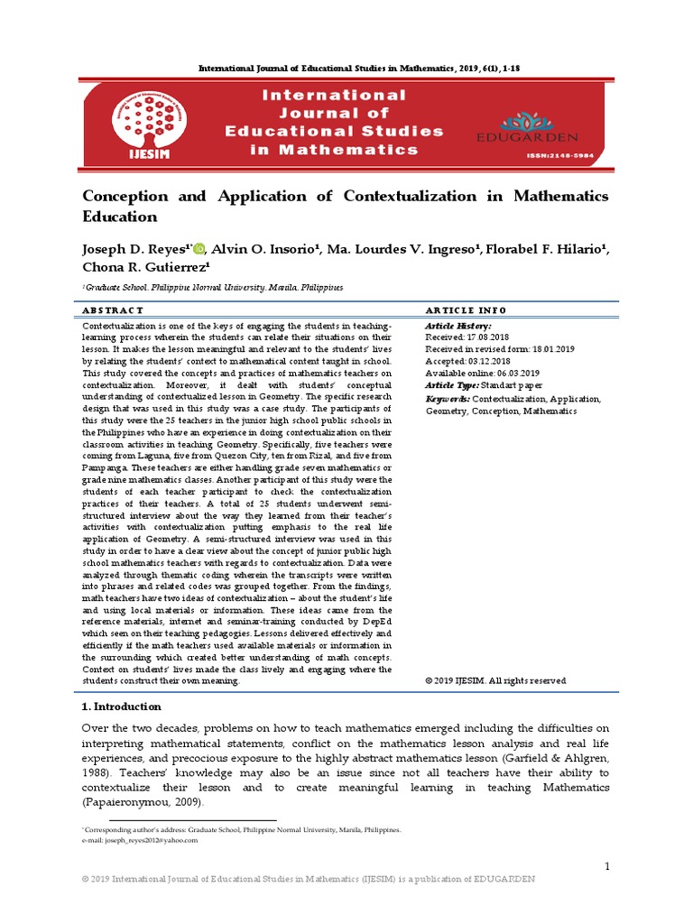 Conception and Application of Contextualization in Mathematics ...