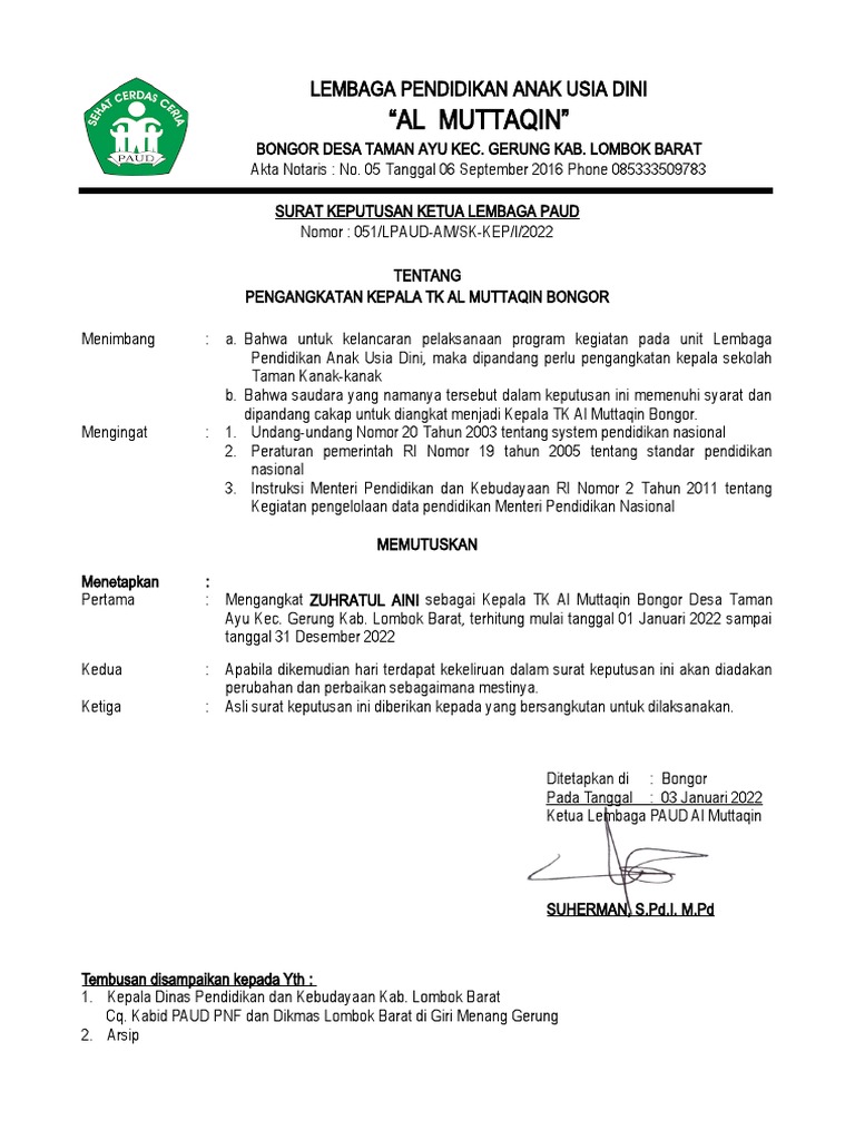 SK Kepsek 2022 Dan SK Pendirian TK | PDF