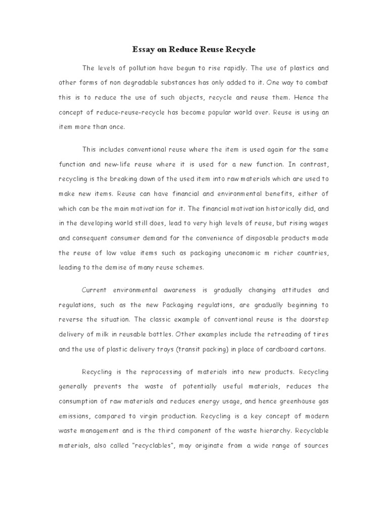 Essay On Reduce Reuse Recycle | PDF | Reuse | Recycling