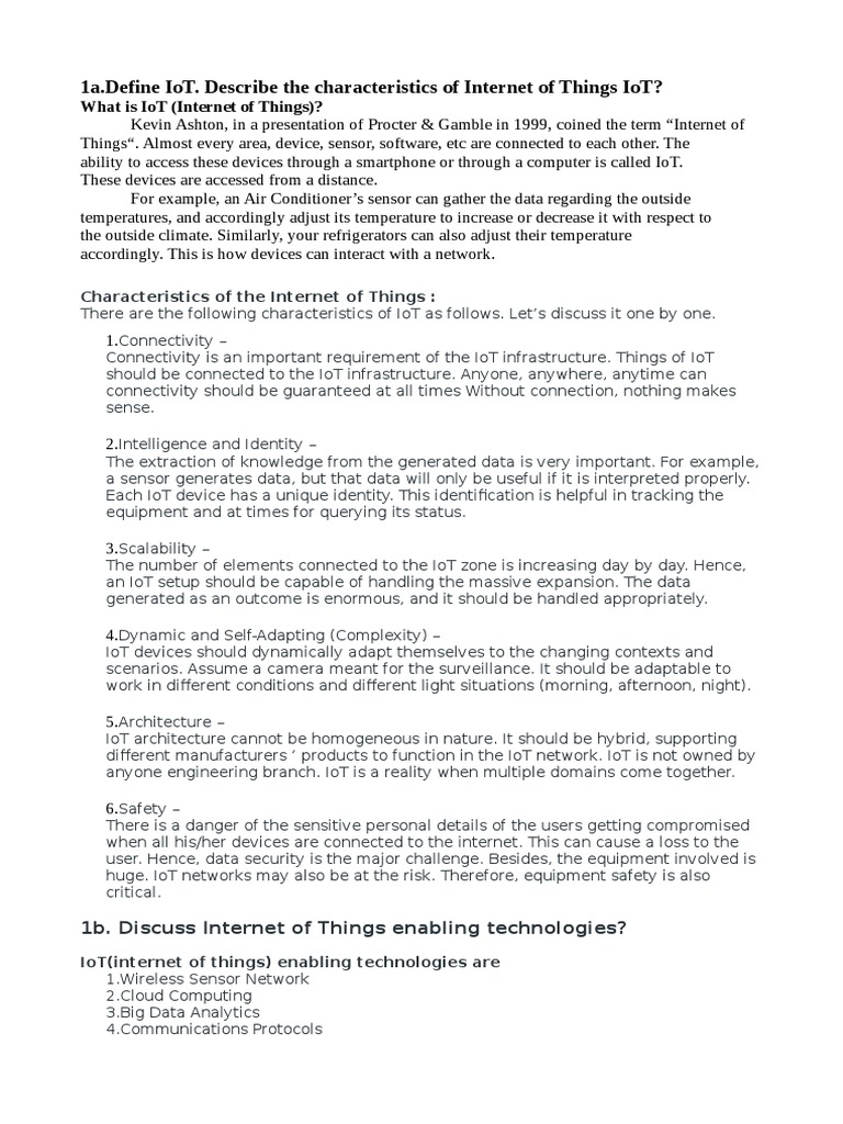 1a define iot describe the characteristics of internet of things iot