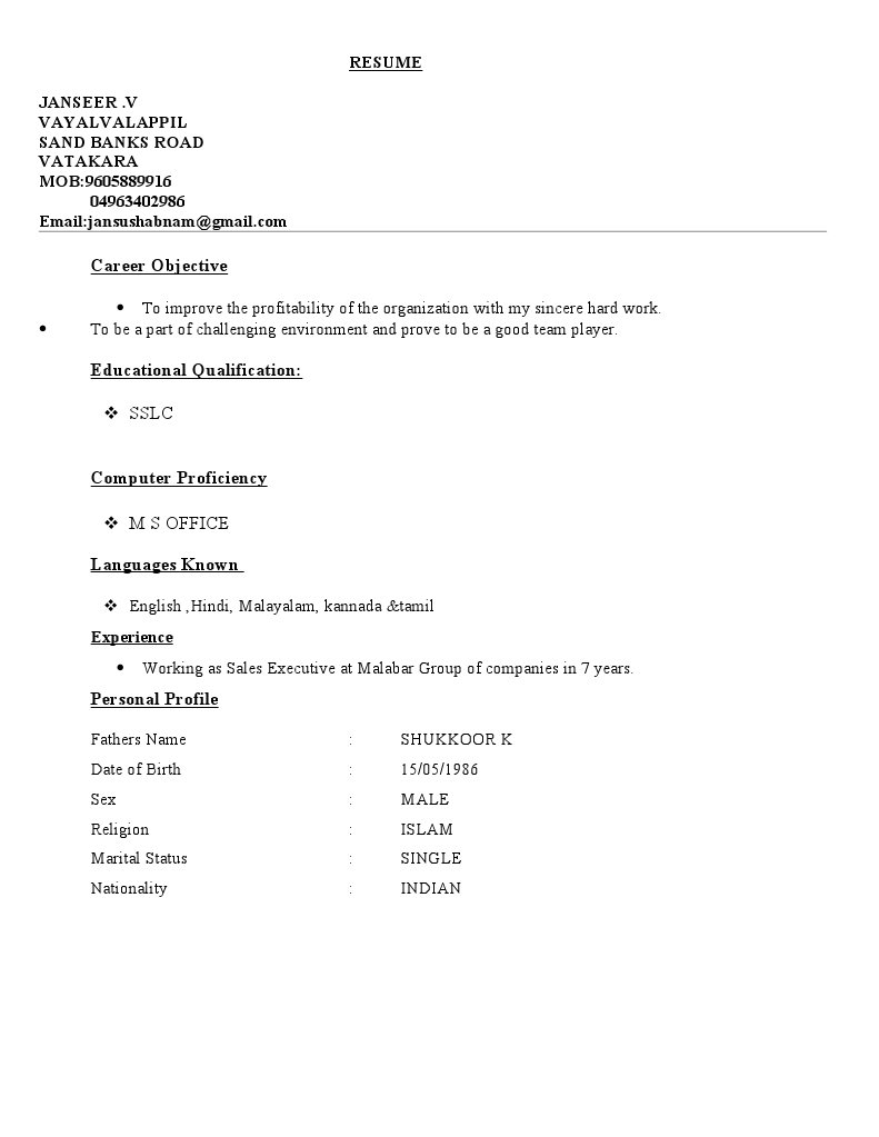Sales Executive Resume for Janseer V. | PDF