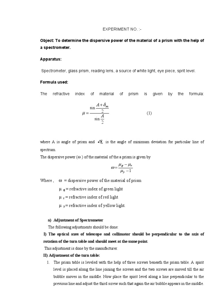Dispersive Power of Prism PDF Prism Dispersion (Optics)