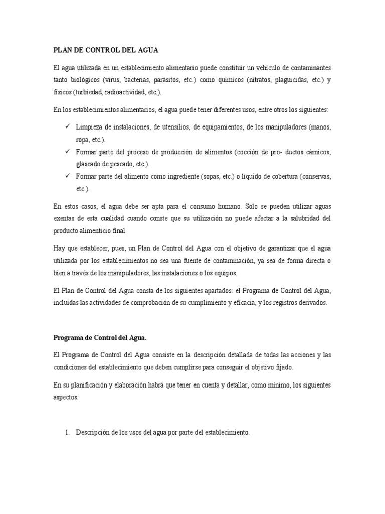Plan de Control Del Agua PDF Agua Agua potable