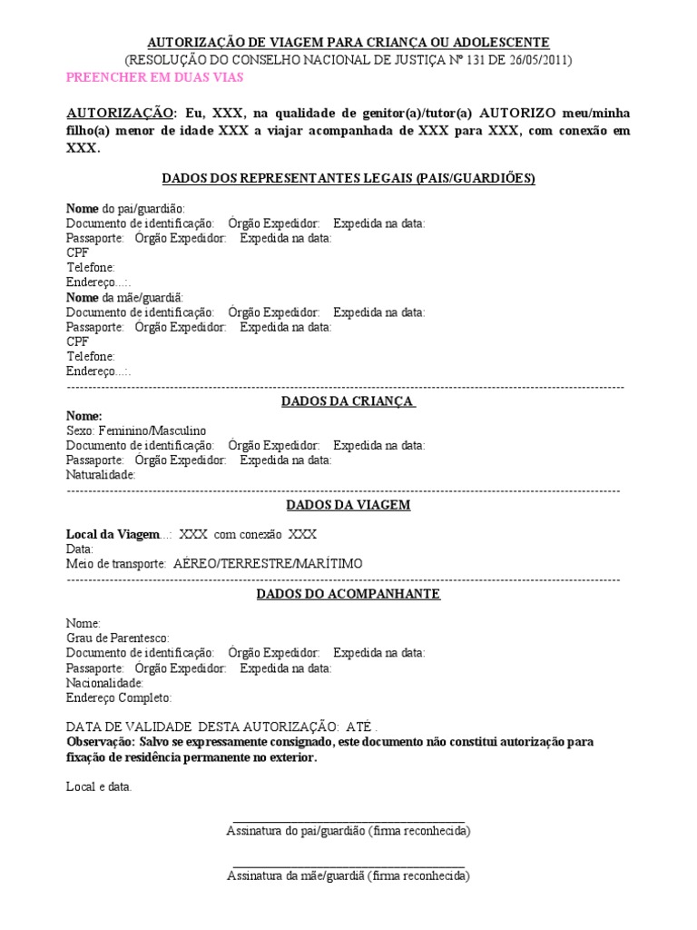 modelo autorização viagem menor
