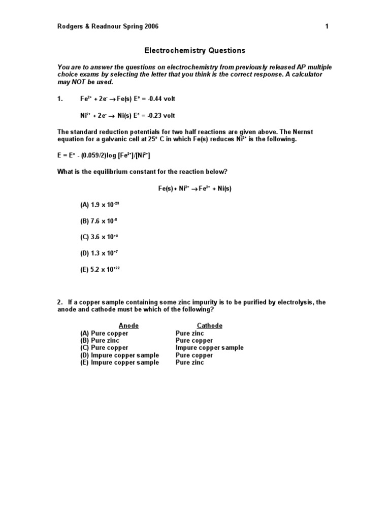 Electrochemistry Questions PDF