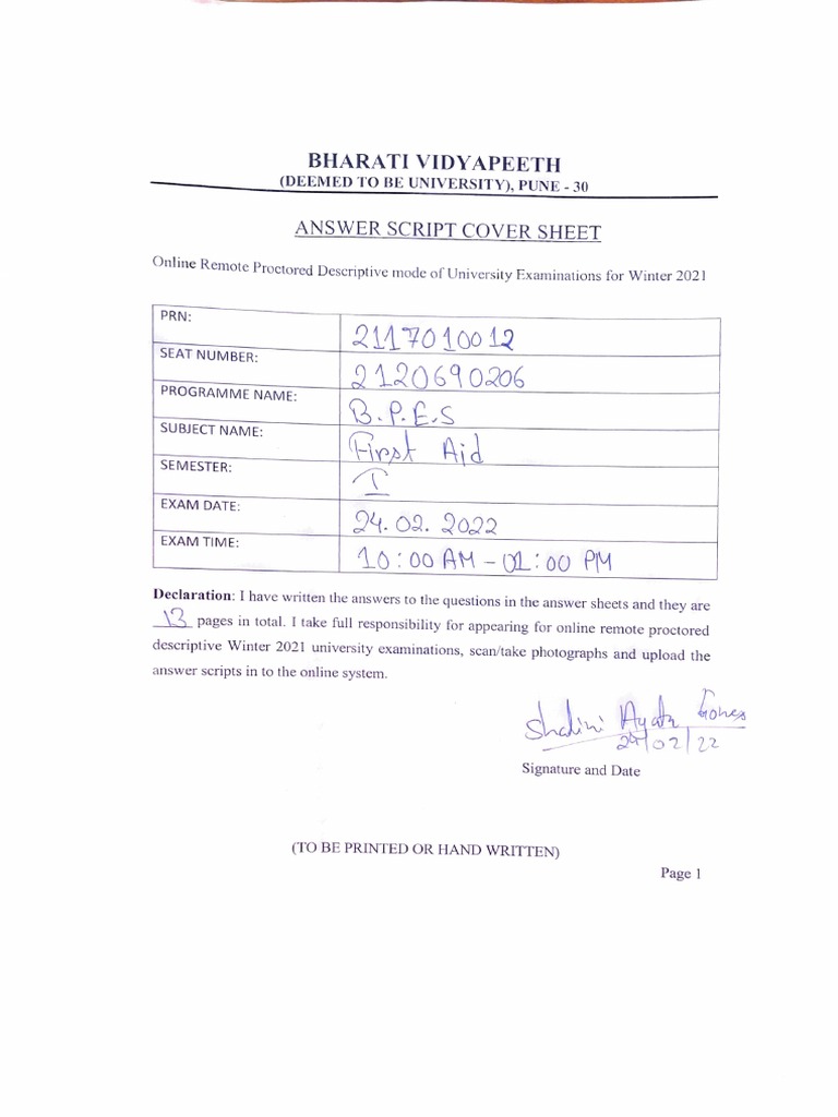 First Aid Answer Sheet PDF