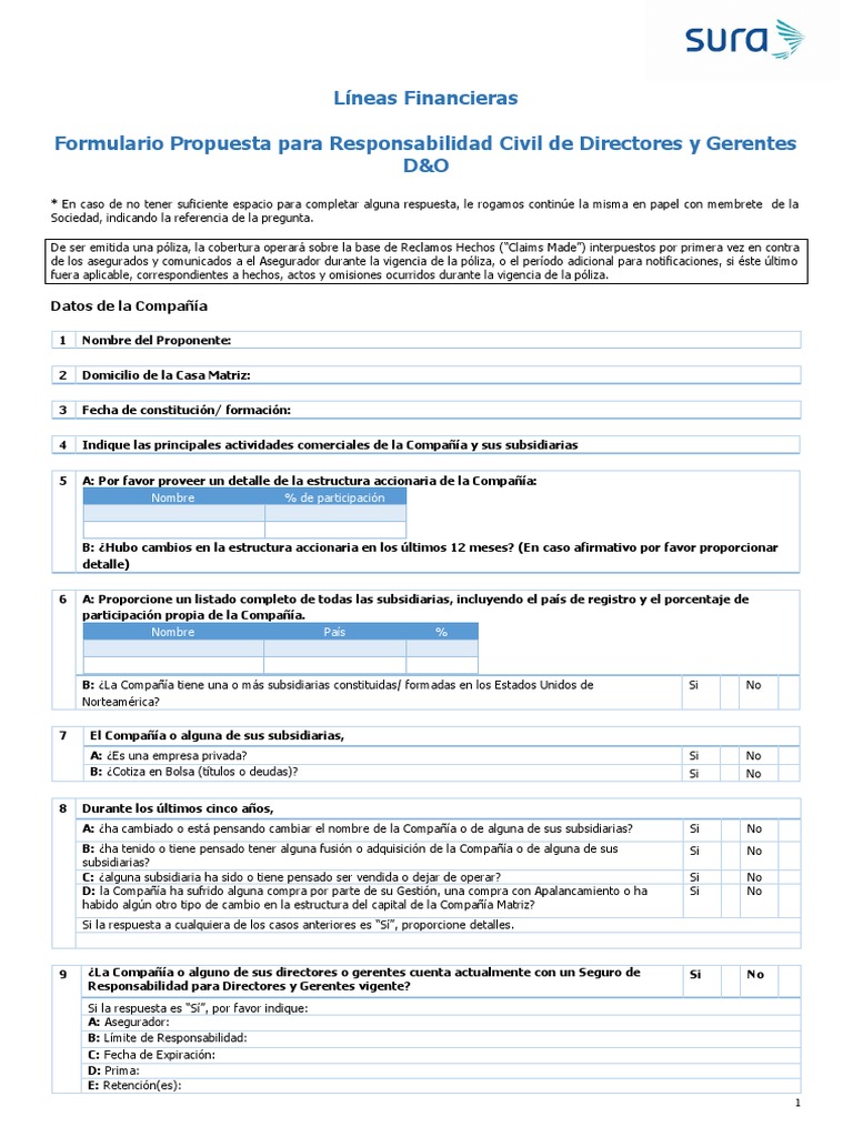 Propuesta de seguro de responsabilidad civil para directores y gerentes