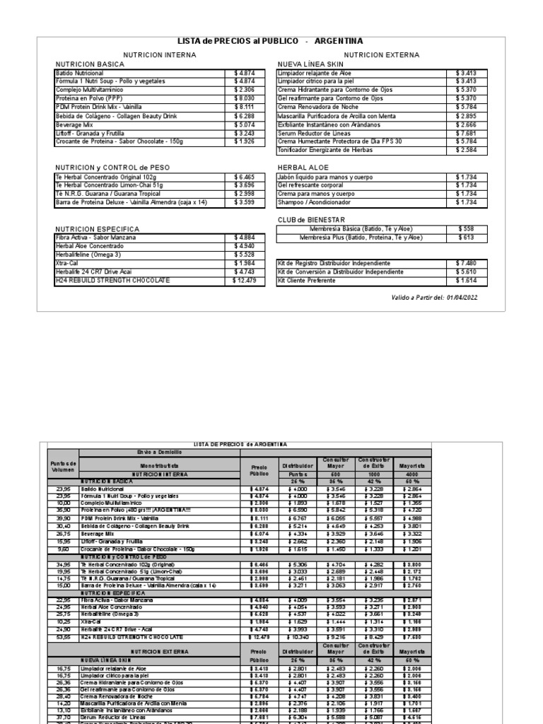 HERBALIFELista de Precios PDF Nutrición Dieta y nutrición