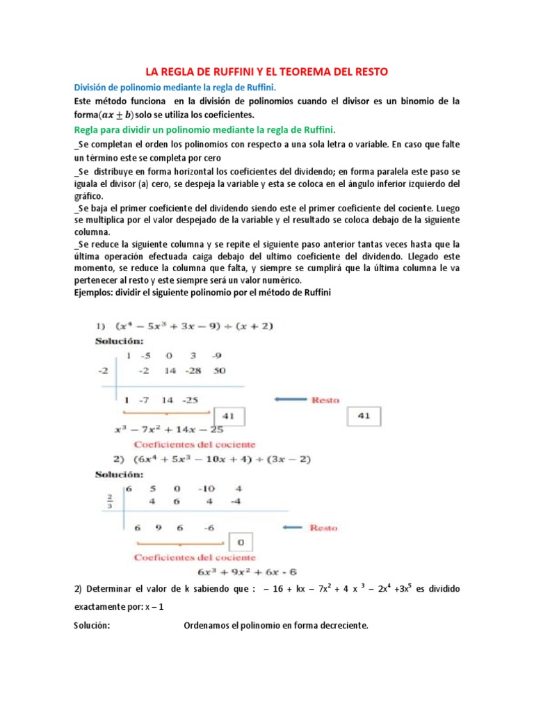 Regla de Ruffini y Teorema del Resto | PDF | División (Matemáticas ...