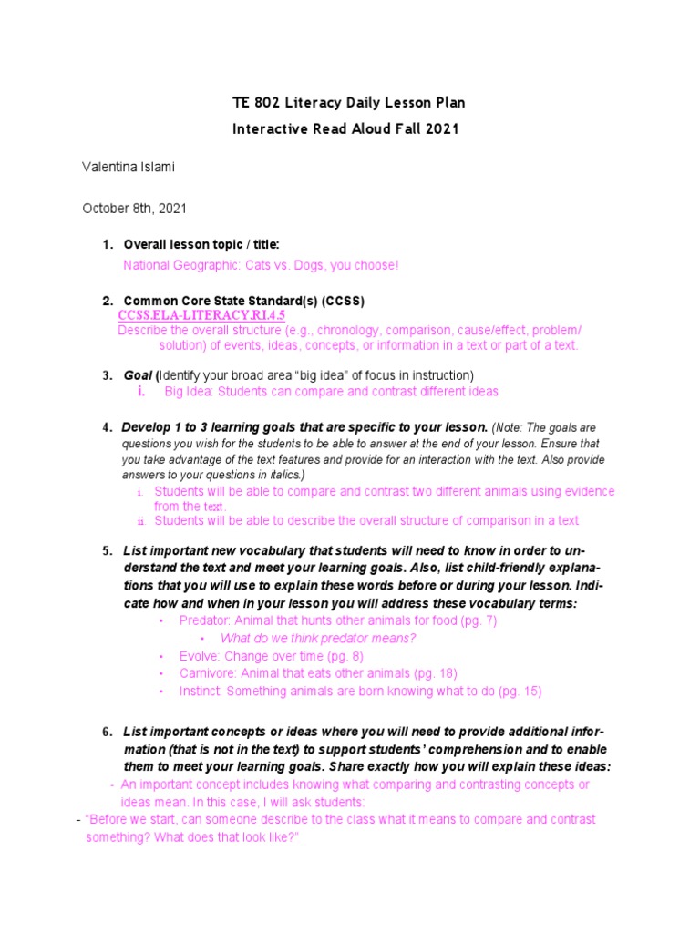 Interactive Read Aloud Lesson Plan PDF Lesson Plan Reading