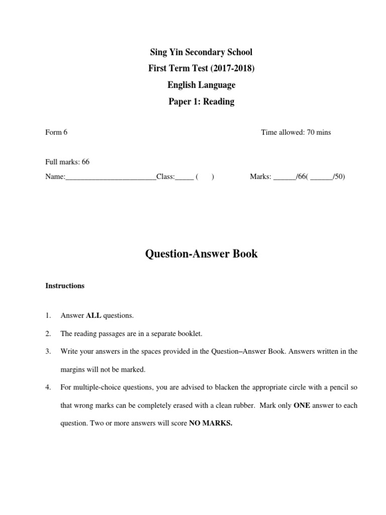 SYSS English Reading Test Paper 1 | PDF | Writers