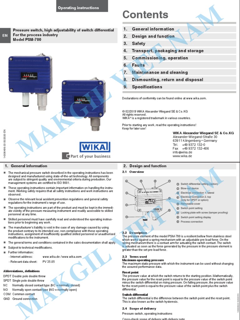 Makgil Operating Instructions Pressure Switches Wika Psm700 PDF
