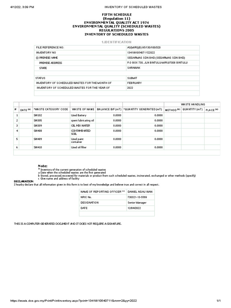 Scheduled Waste Inventory Report 2022 | PDF | Waste | Environmental ...