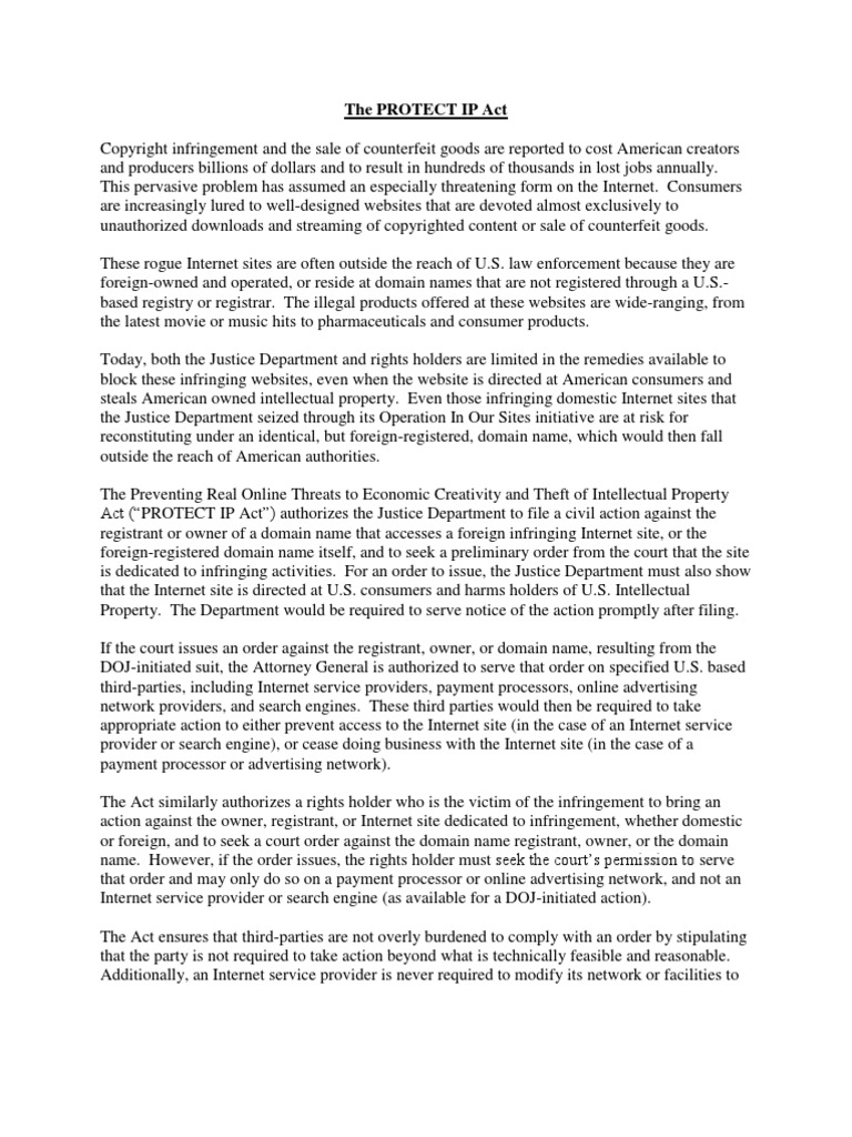 Protect IP Act | PDF | Copyright Infringement | Intellectual Property