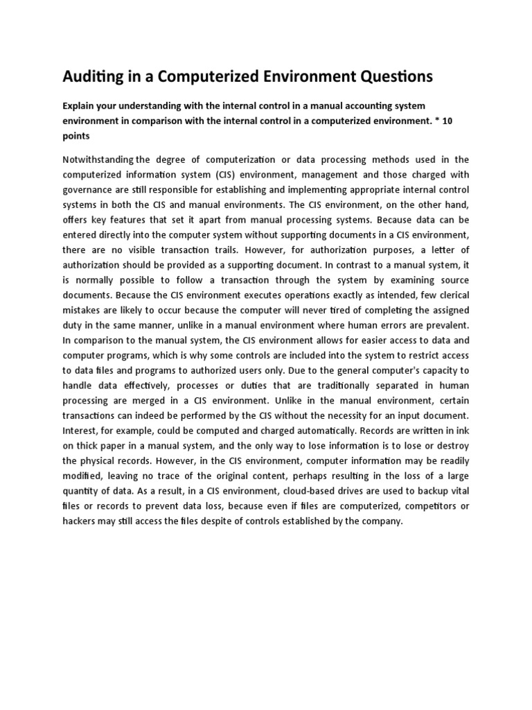 Auditing in A Computerized Environment Questions PDF Audit
