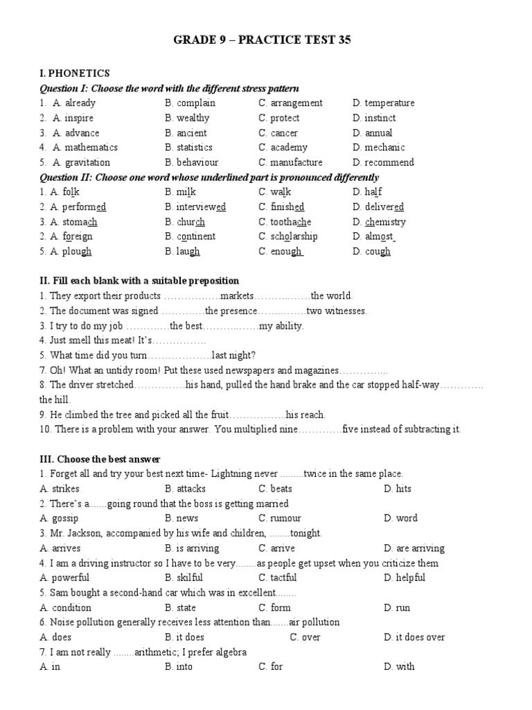 Grade 9 - Practice Test 35 | PDF