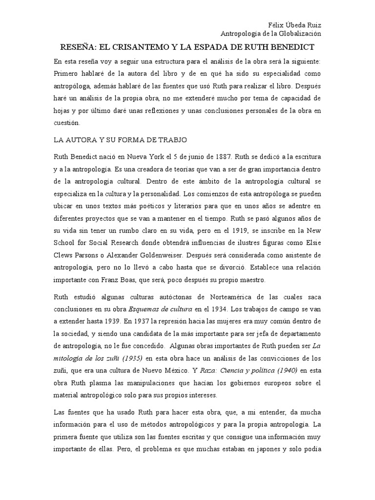 Reseña Crisantemo y La Espada PDF Antropología Japón