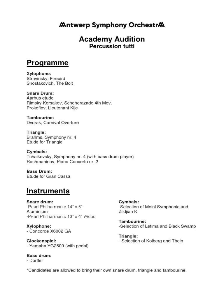 Academy Audition Percussion Tutti PDF Compositions For Orchestra