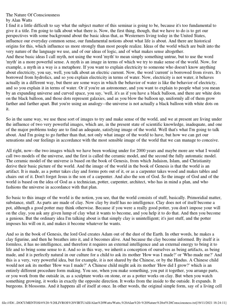 Nature of Consciousness Alan Watts PDF Matter Idea