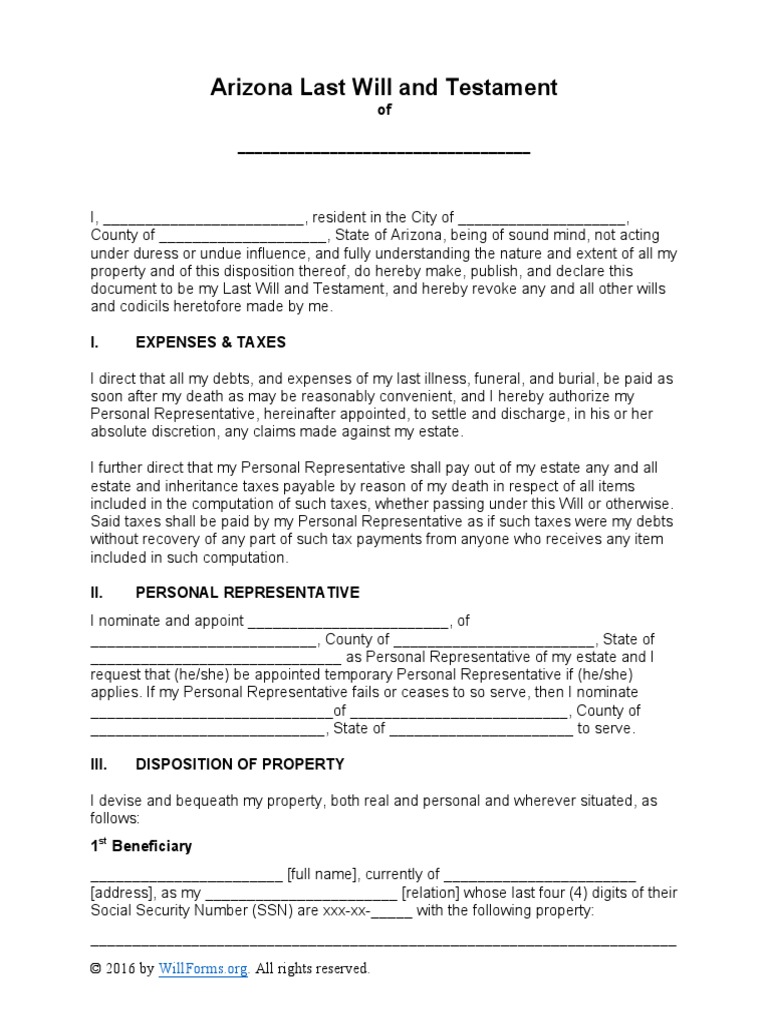 Arizona Last Will and Testament Template | PDF | Will And Testament | Loans