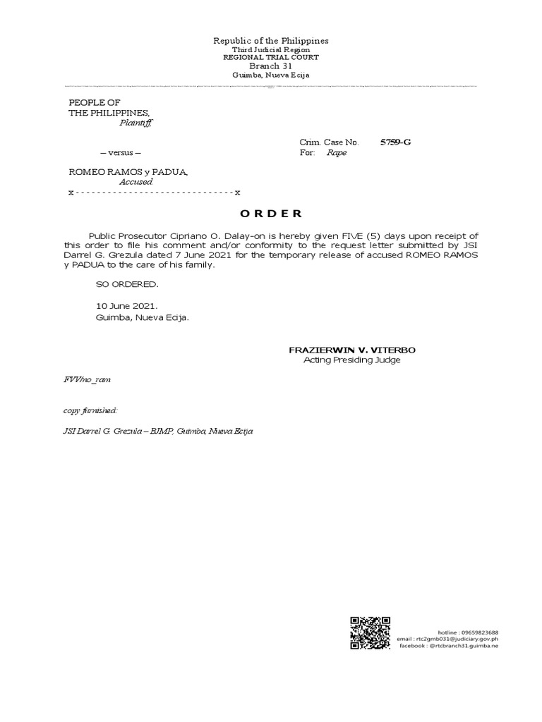 Guimba RTC Order on Accused Release | PDF | Public Law | Public Sphere