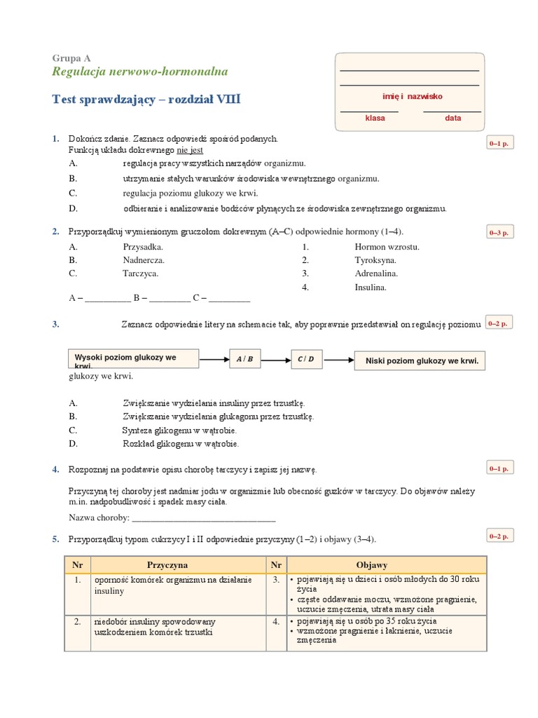Regulacja Nerwowo Hormonalna Sprawdzian Klasa 7 Pdf Test Po Dziale 8 Regulacja Nerwowo Hormonalna KL VII | PDF