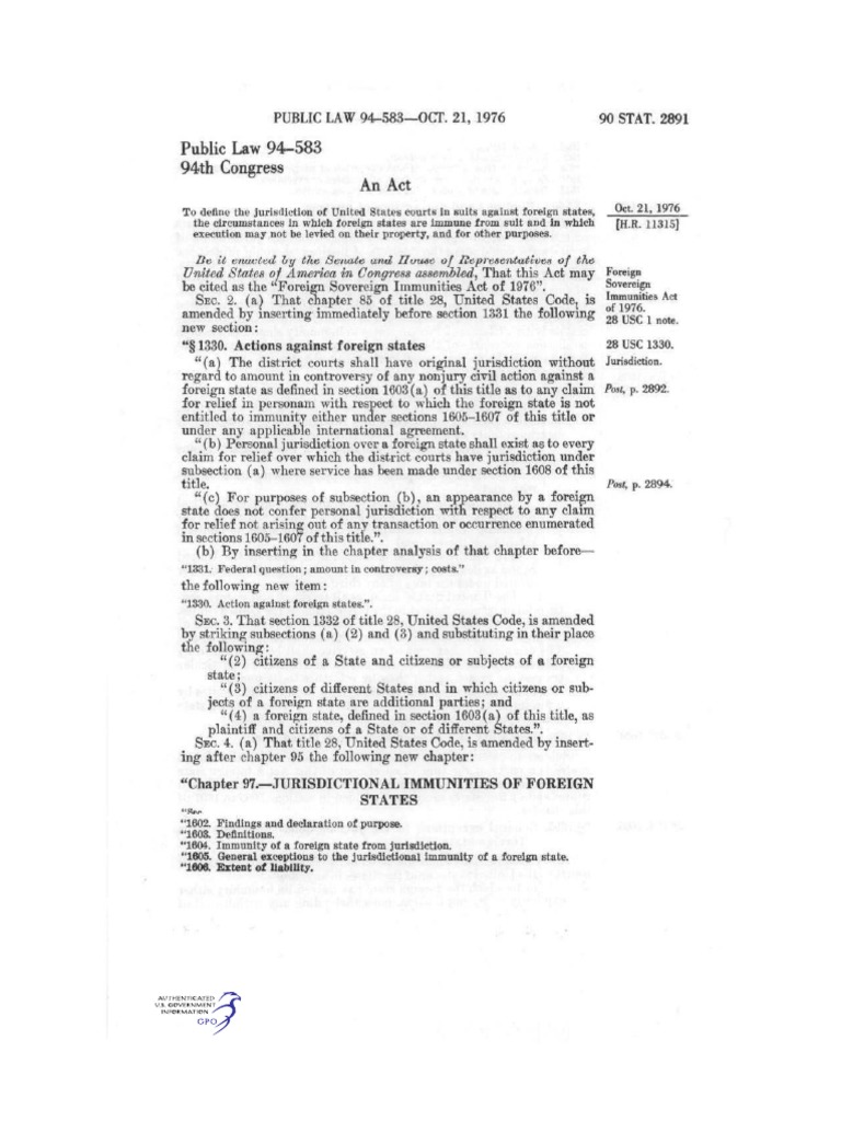 Foreign Sovereign Immunities Act of 1976 | PDF