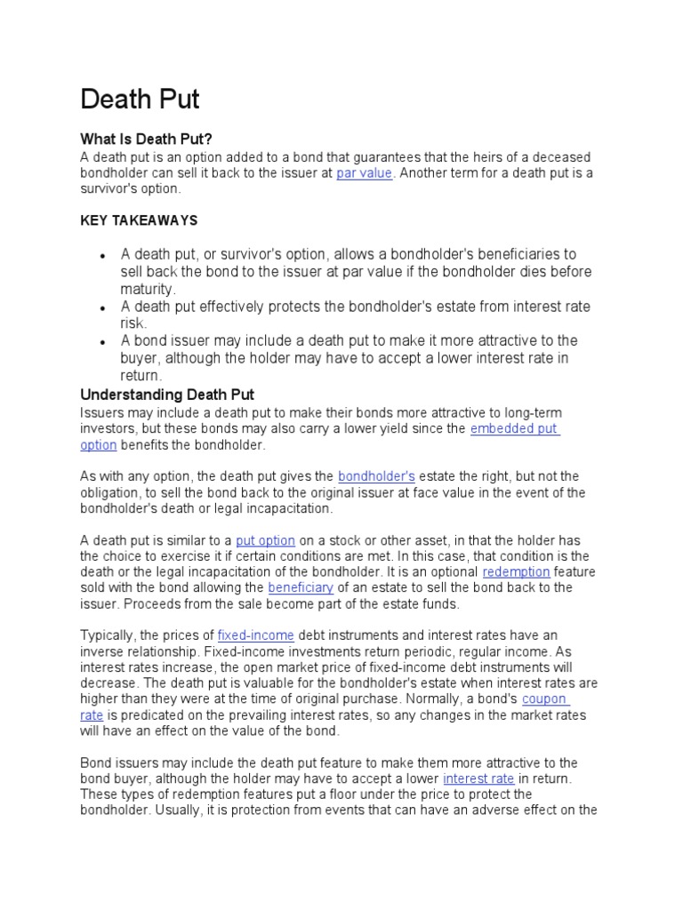 Death Put PDF Bonds (Finance) Fixed