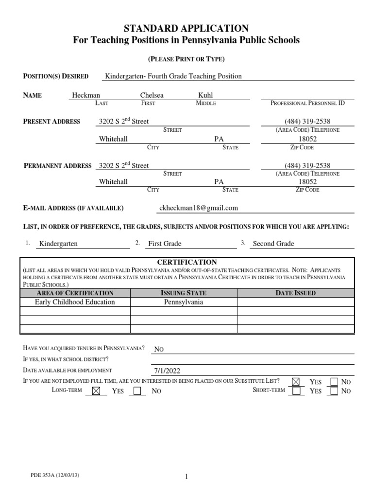 Pa Standard Teaching Application PDF Criminal Record Teachers