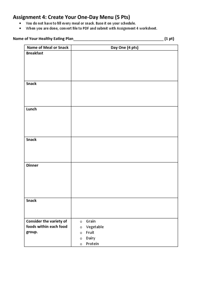 One-Day Healthy Menu Assignment | PDF | Wellness