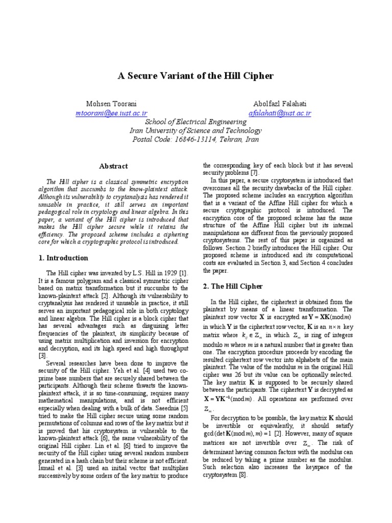 Hill Cipher | PDF | Cryptography | Encryption