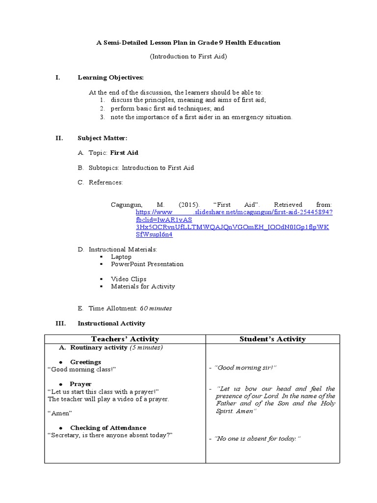 A Semi-Detailed Lesson Plan in Grade 9 Health Education: Teachers ...