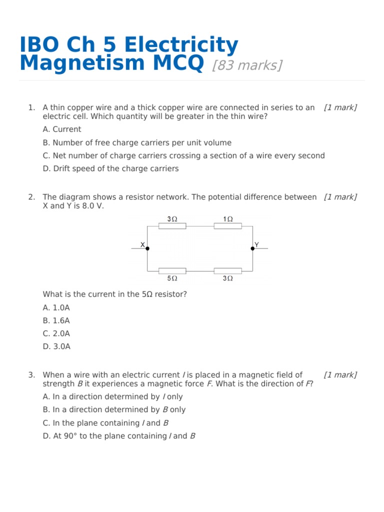 IBO CH 5 Electricity MCQ PDF Voltage Electric Current