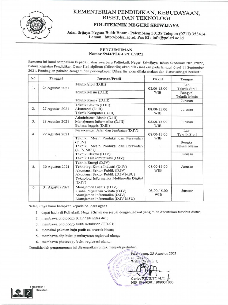 Pengumuman Pembagian Pakaian Seragam Dan Perlengkapan Diksarlin Pdf