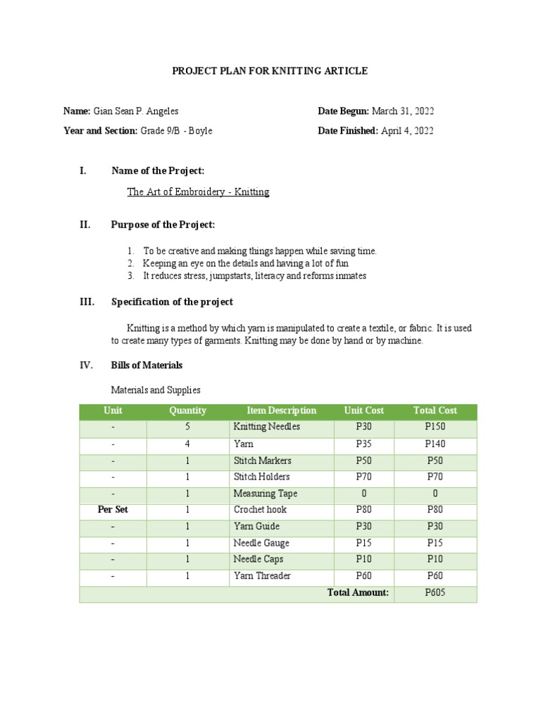 Grade 9 Knitting Project Plan | PDF