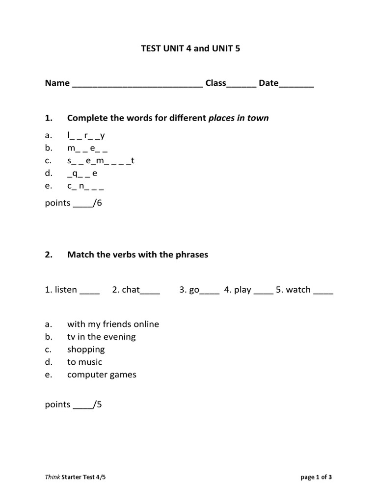 Think Starter Unit 4/5 Test | PDF